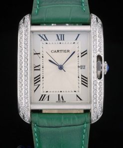 Alternative view of Cartier replica tank americaine acciaio brillantini bezel strip leather green orologio imitazione perfetta
