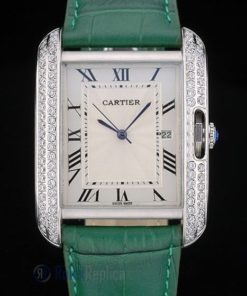 Cartier replica tank americaine acciaio brillantini bezel strip leather green orologio imitazione perfetta